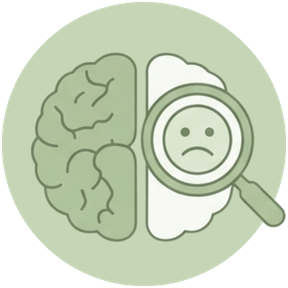 icone verde com um cerebro repartido ao meio de um lado o cerebro e do outro uma lupa e uma carinha triste