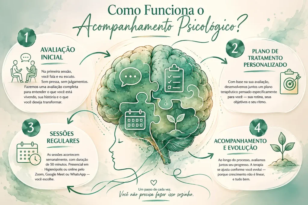Ilustração em aquarela de um cérebro em tons de verde mostrando as quatro etapas do acompanhamento psicológico: avaliação inicial, plano de tratamento, sessões regulares e evolução terapêutica.