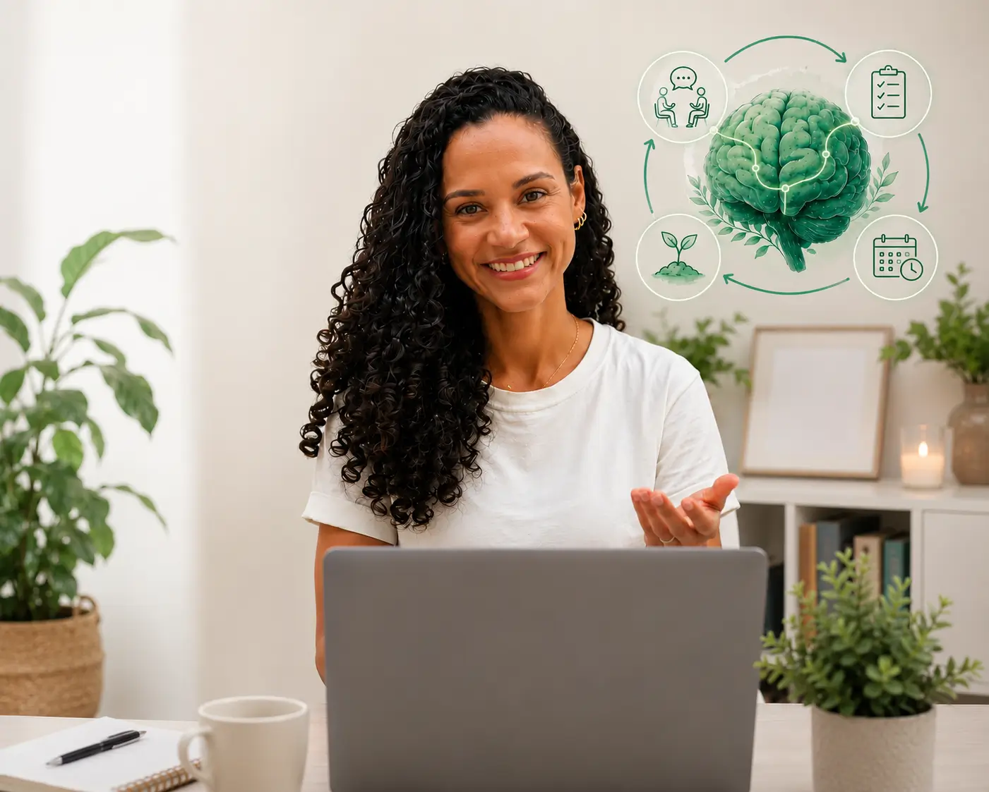 Psicóloga sorrindo durante consulta online de psicoterapia, utilizando notebook em um consultório moderno e acolhedor. Ao fundo, ilustrações de cérebro, terapia, planejamento terapêutico e acompanhamento psicológico representam saúde mental, desenvolvimento emocional, autoconhecimento, tratamento da ansiedade, depressão e bem-estar psicológico.